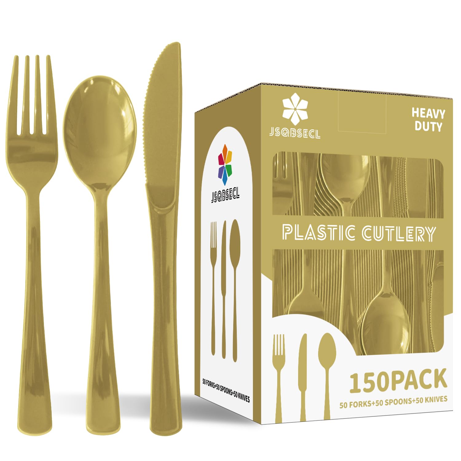 150 Pack Plastic Silverware,Disposable Cutlery Set Heavy Duty Utensil Sets 50 Forks 50 Knives 50 Spoons for Brithday, Wedding,Home School Party Picnics Restaurant Outdoor Events (Black)