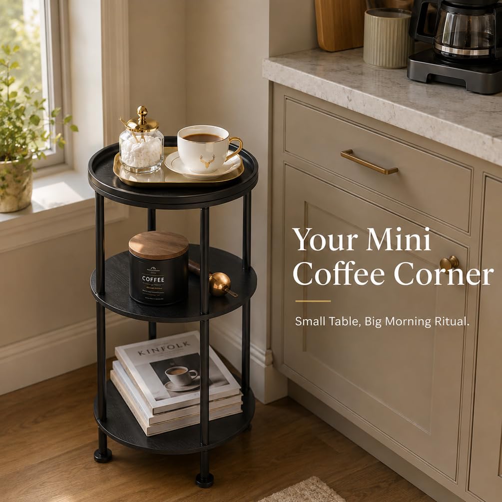 Small Round Side Table with Charging Station for Small Spaces, 3-Tier Accent Table with USB Ports & Power Outlets, Sofa Corner Tea Table for Living Room Nightstand Bedroom Apartment (Black)