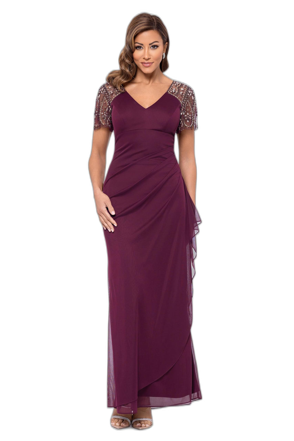 Xscape Floor Length Jersey Knit Evening Gown with V-Neckline, Beaded Flutter Sleeves and Ruched Draping