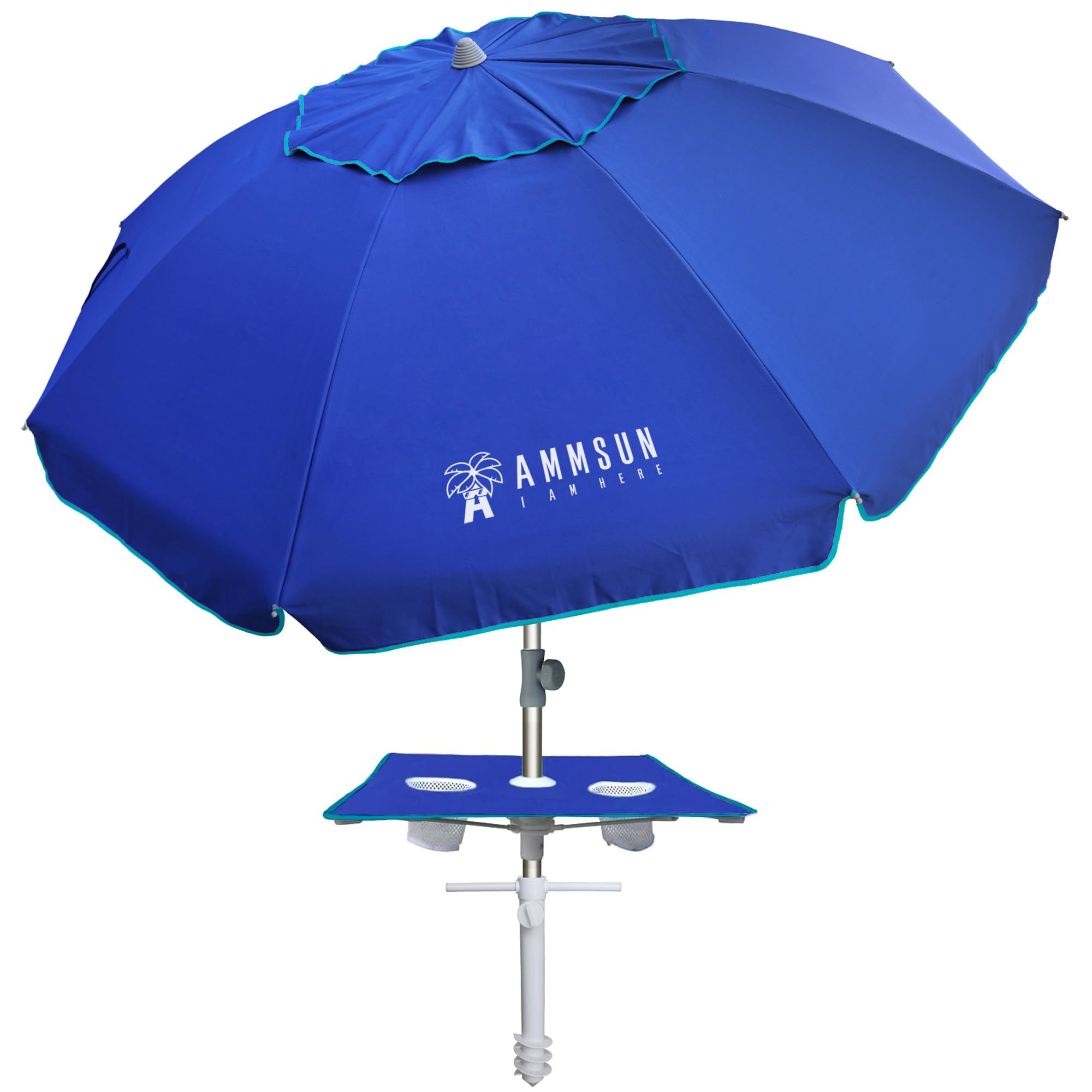 AMMSUN 7ft Heavy Duty High Wind Beach Umbrella with sand anchor, Built-in Table Tray Vent Tilt Pole, UPF 50+ Windproof Portable Outdoor Umbrellas Carry Bag for Patio Garden Pool Backyard stripe