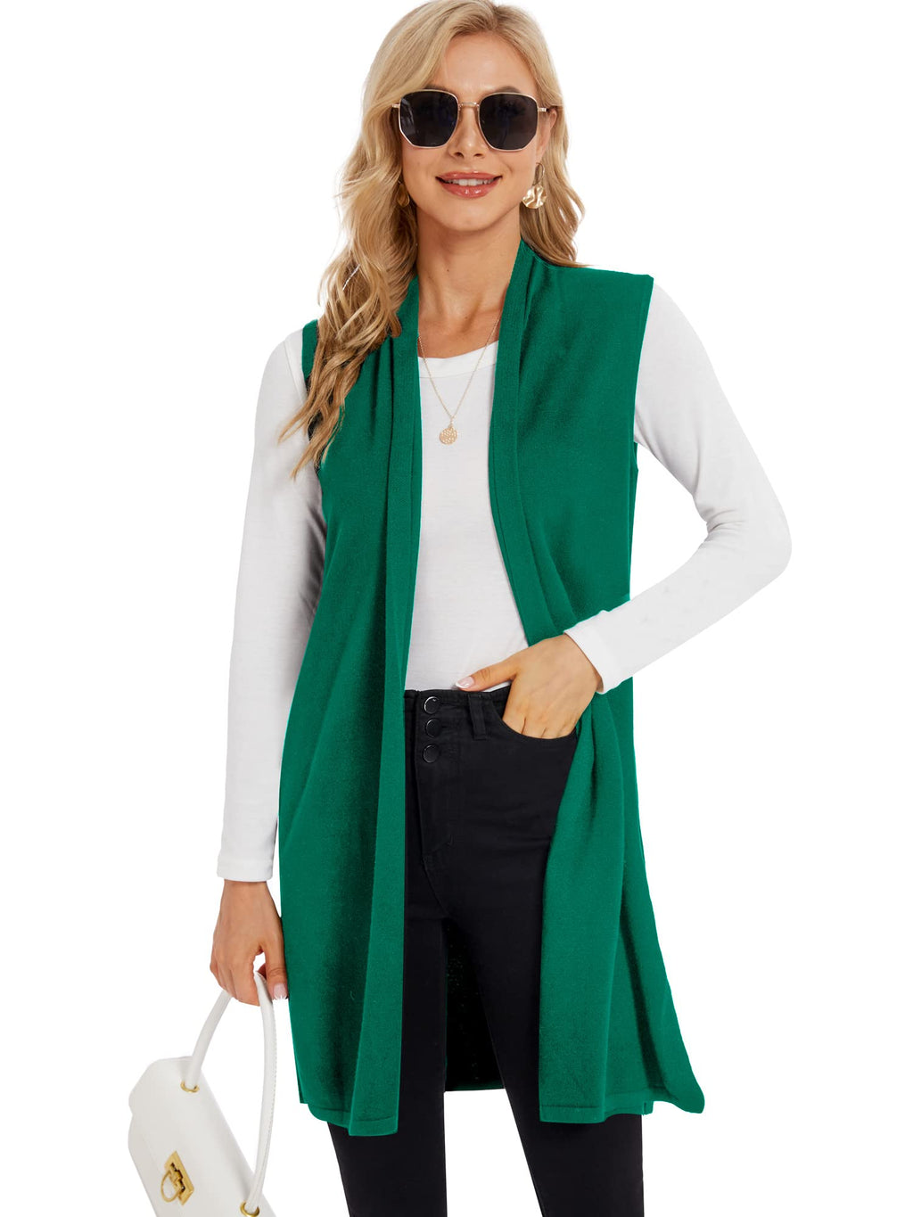 Moss Rose Women's Long Knit Cardigan Vest Casual Sleeveless Open Front Draped Duster Vest (Available in Plus Size)