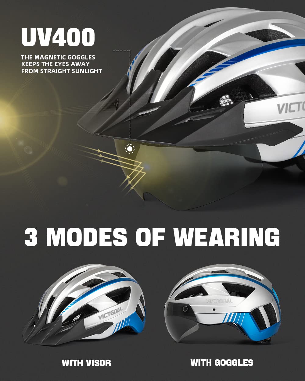 VICTGOAL Bike Helmet with USB Rechargeable Rear Light Detachable Magnetic Goggles Removable Sun Visor Mountain & Road Bicycle Helmets for Men Women Adult Cycling Helmets
