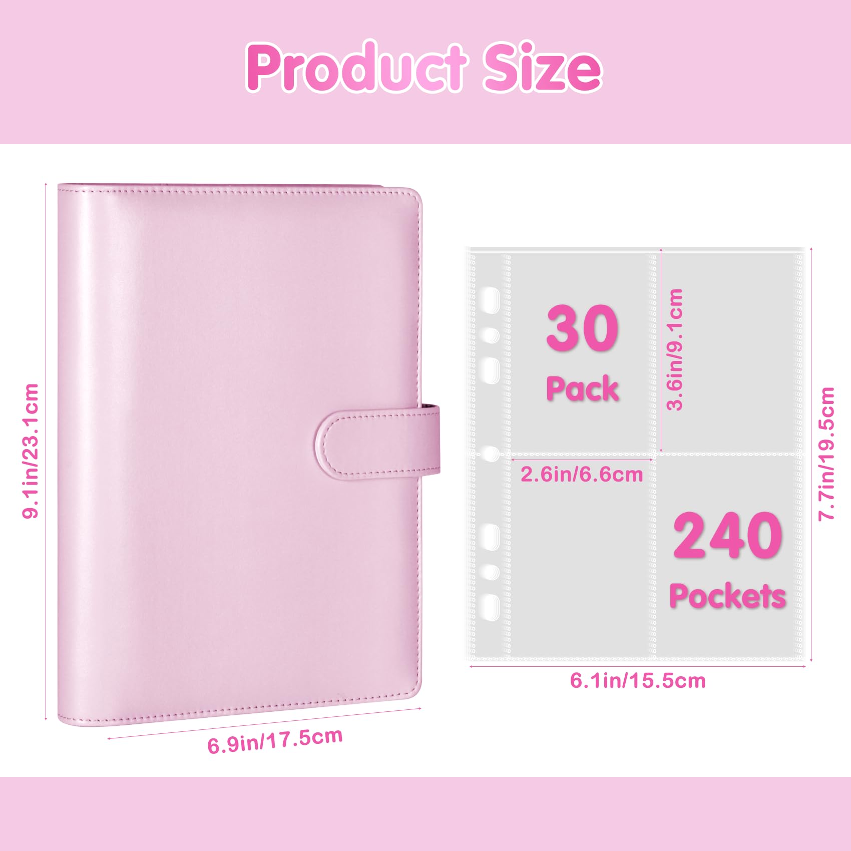 A5 Kpop Photocard Binder with 30 Pack 4-Pocket Card Pages, 6 Ring A5 Binder Card Collector Album with 240 Card Slots,PU Leather Binder Cover with Magnetic Buckle Closure for Organizing Trading Card