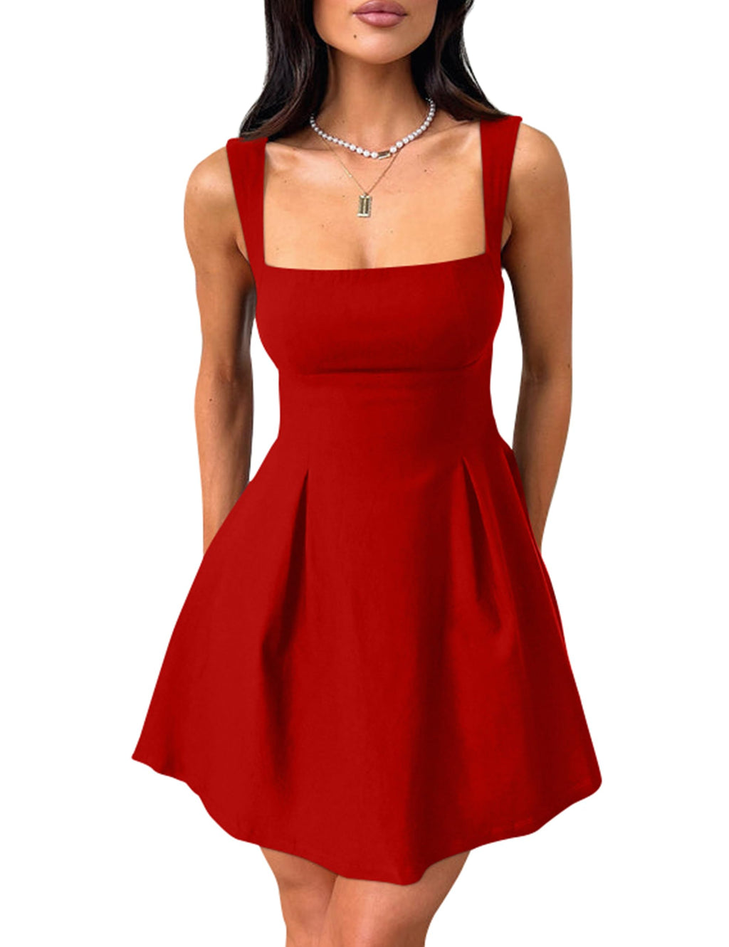YMDUCH Women's Sexy Sleeveless Square Neck Adjustable Straps Bow Tie A-line Mini Party Club Dress