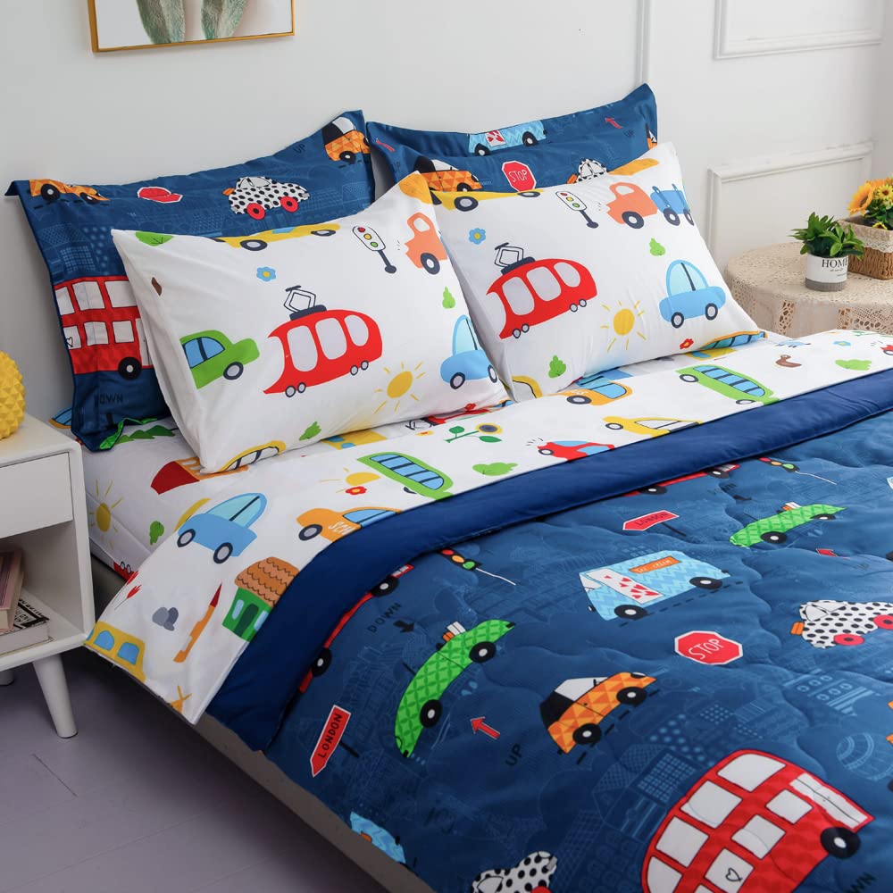 Wajade 7 Piece Blue Bow Comforter Set for Girls Kids Twin Size Bedding Set with Sheet and 2 Pillowcases 2 Pillow Shams Cute Girls Bed in a Bag as Birthday Choice