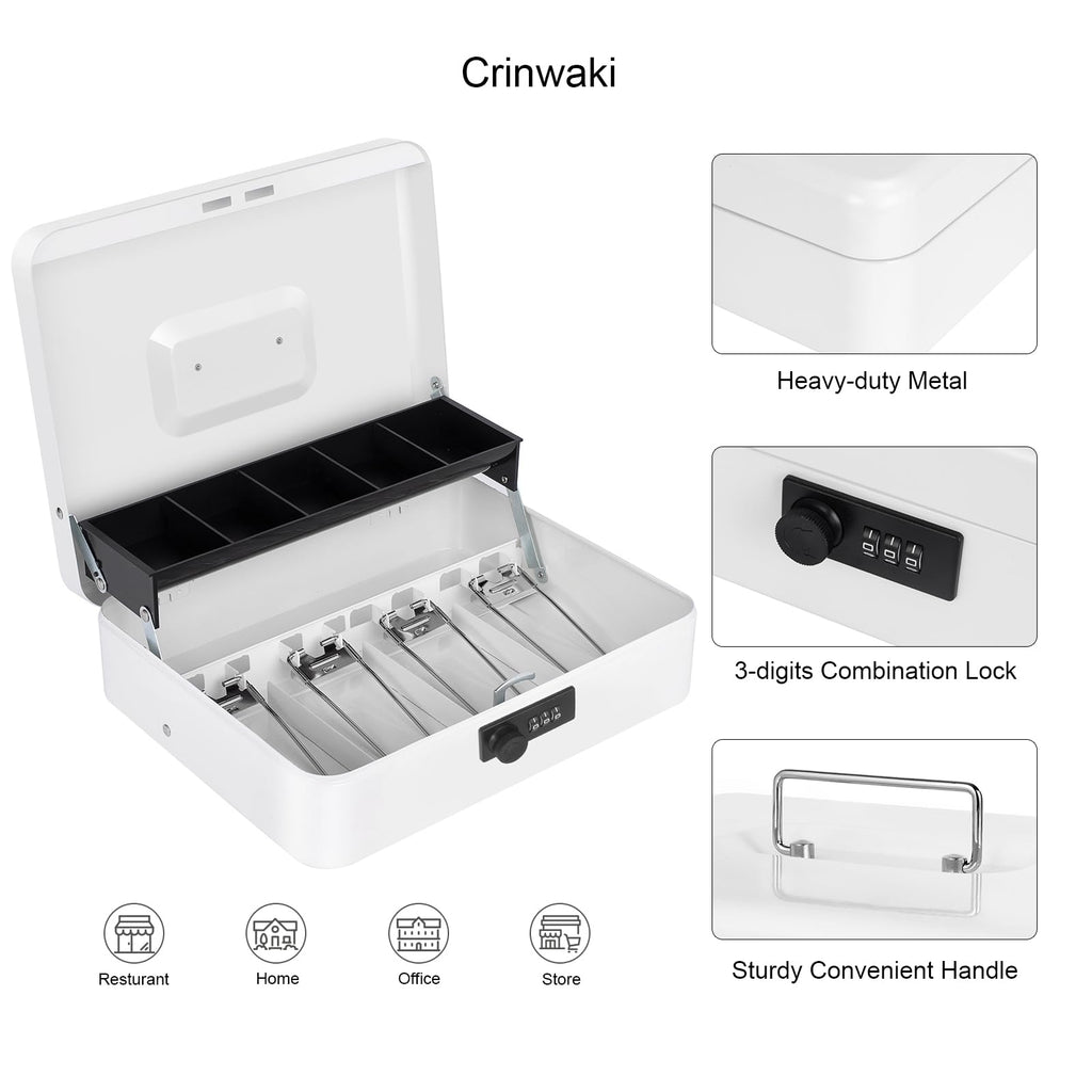 Cash Box with Money Tray and Key Lock, Saving Lock Box with Money Tray Storage for Cash Register 11.8"x9.45"x3.54" Black XL Large