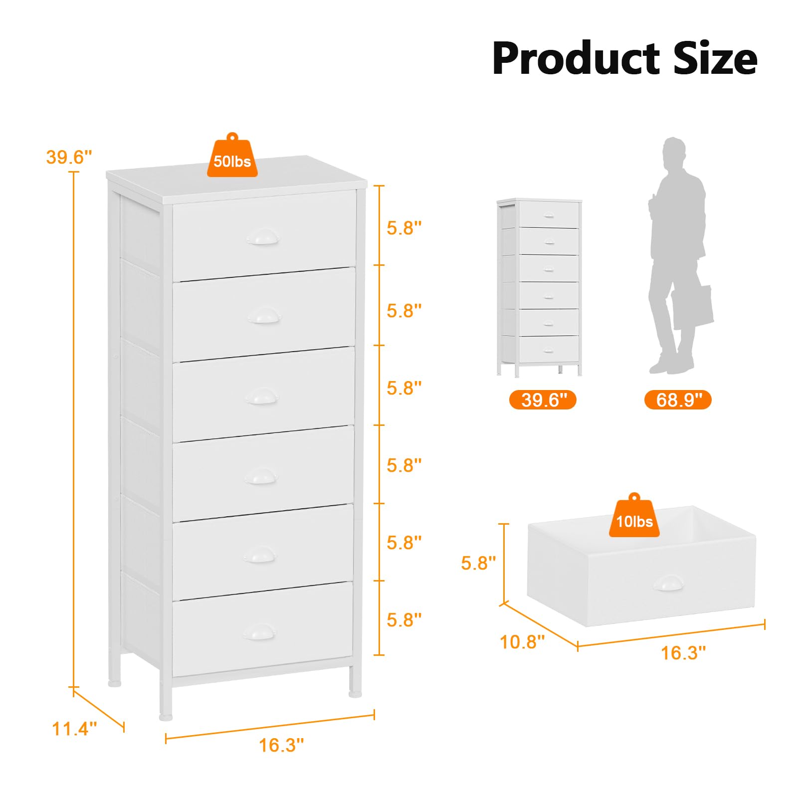 Furnulem Tall Dresser with 6 Drawers,Vertical Bedside End Table & Chest for Bedroom,Black Storage Tower Dorm Nightstand with Fabric Drawer Organizer Unit Furniture in Living Room,Closet,Hallyway
