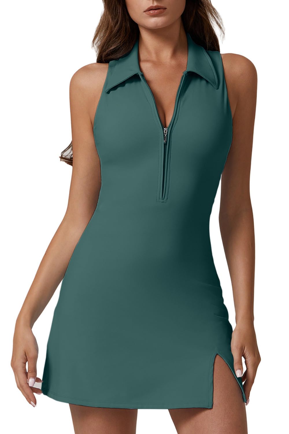 QINSEN Womens Zip Front Tennis Dress Polo Collar Racer Back Workout Golf Dresses Build in Shorts with Pockets
