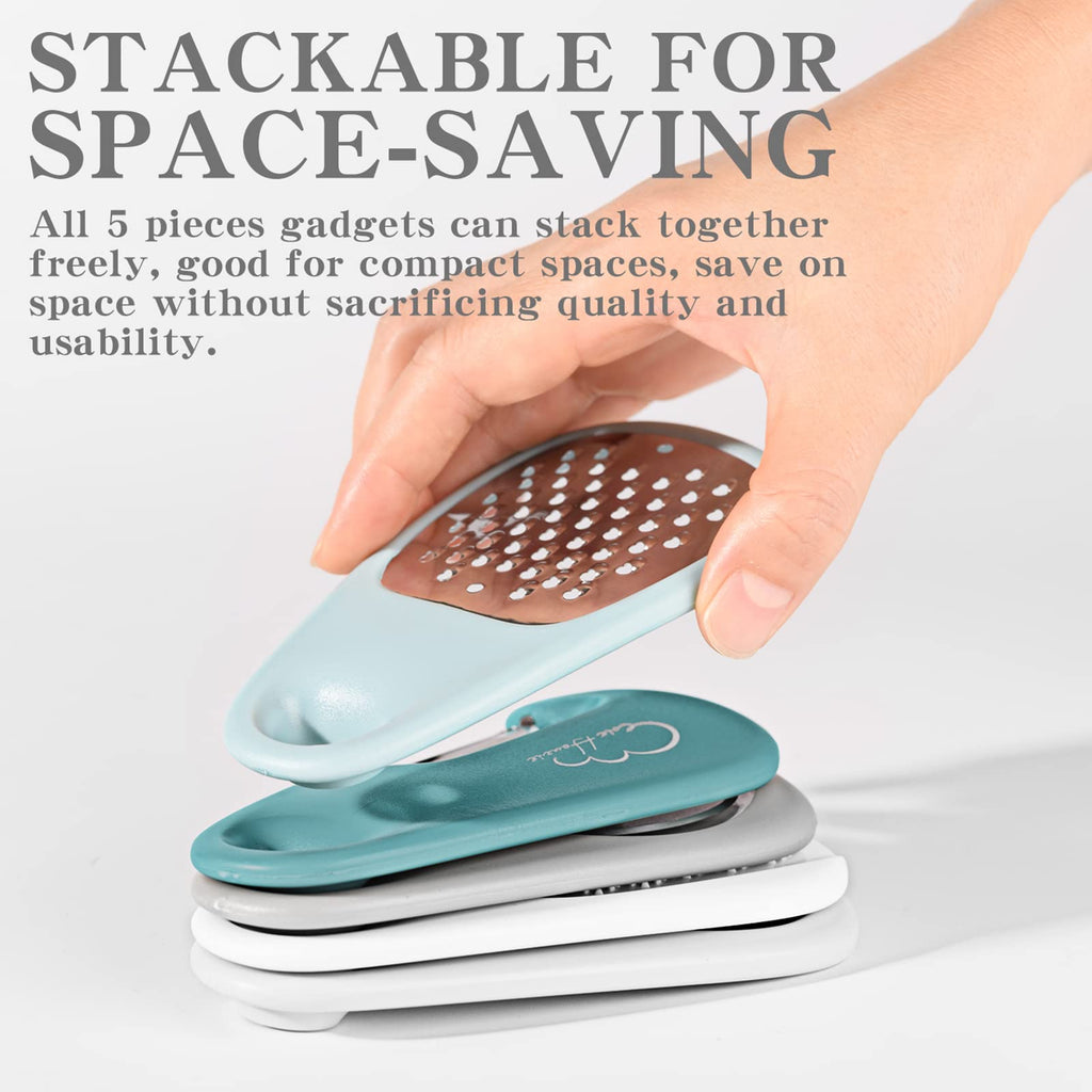 5 Pieces Kitchen Gadgets Set - Space Saving Cooking Tools Accessories Cheese Chocolate Grater, Fruit Vegetable Peeler, Bottle Opener, Pizza Cutter, Burlap Bags with Drawstring Gift Set