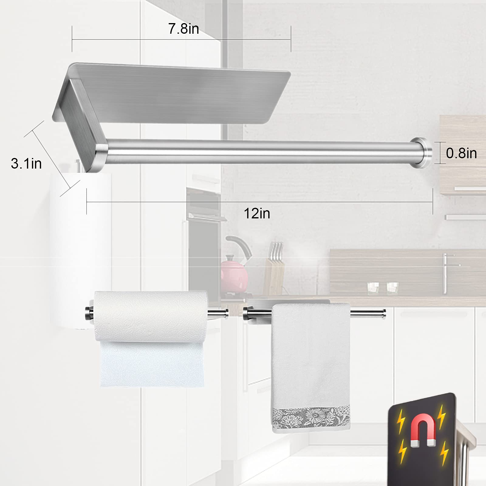 Magnetic Paper Towel Holders Heavy Duty Steel Brushed Holder with Strong Magnetic Backing - Fit for Large Paper Towels or Use as Hook - for Kitchen,Refrigerator,Grill,Garage,Shop