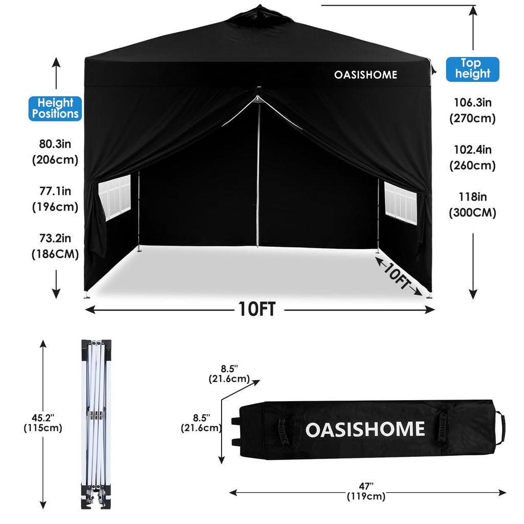 OASISHOME Canopy Tent 10'x10' Pop Up Gazebo with 1-Person Set Up, 4 Sidewalls, Wheeled Bag, Waterproof UV Protection Heavy-Duty Steel Frame Shelter for Patio Outdoor Wedding Party Event (Black,10x10)