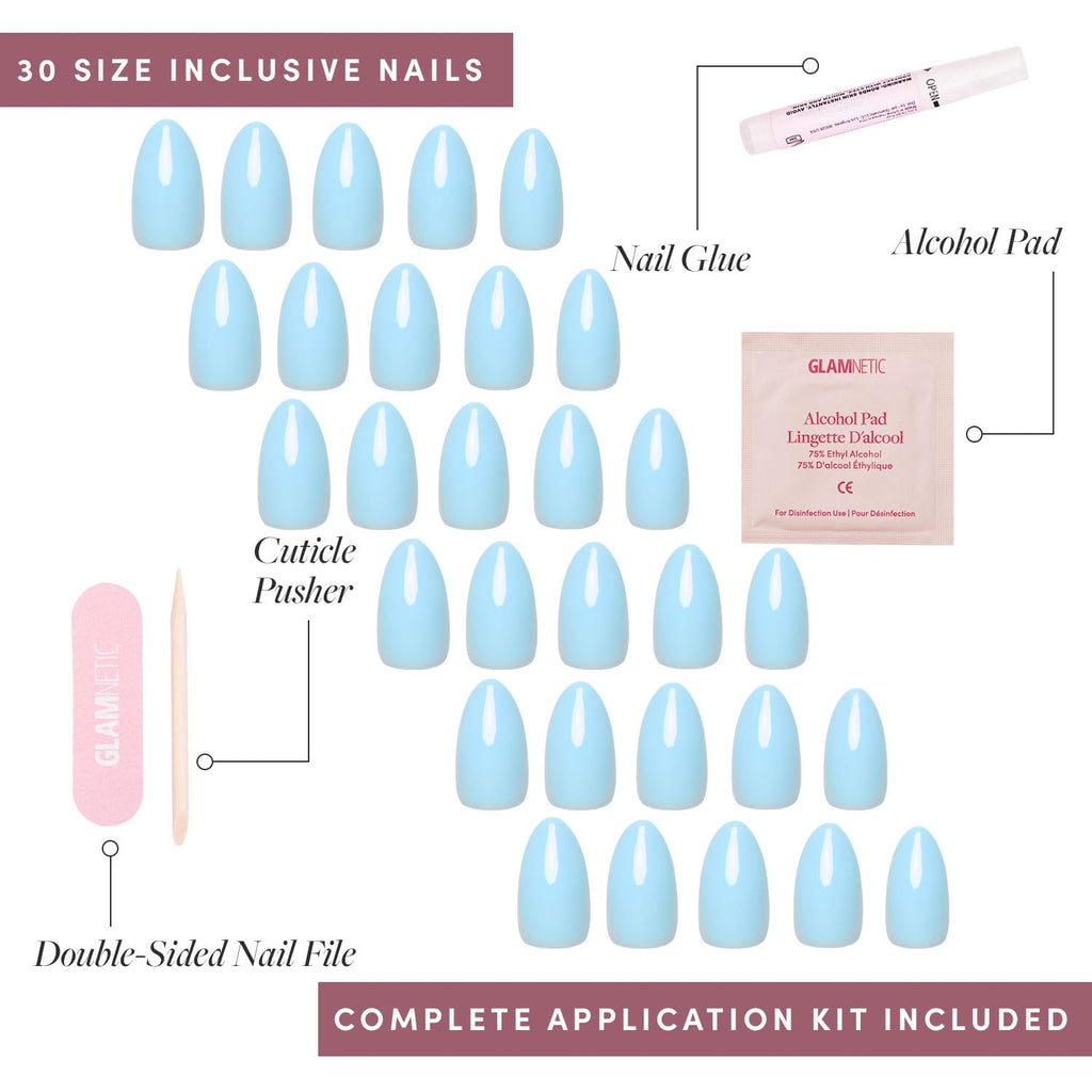 Glamnetic Press On Nails - Cashmere Blue | Opaque Soft Pale Sky Blue Short Squoval Fake Nails, Salon Quality | 15 Sizes - 30 Nail Kit