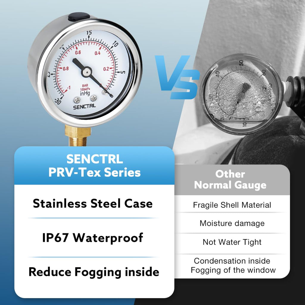 SENCTRL 30inHg Vacuum Pressure Gauge, 2" Dial, 1/8 NPT Lower Mount, Waterproof, Stainless Steel Case, for Tube Tester, HVAC, Pneumatic Air Compressor, Hand Pump, Valve Test