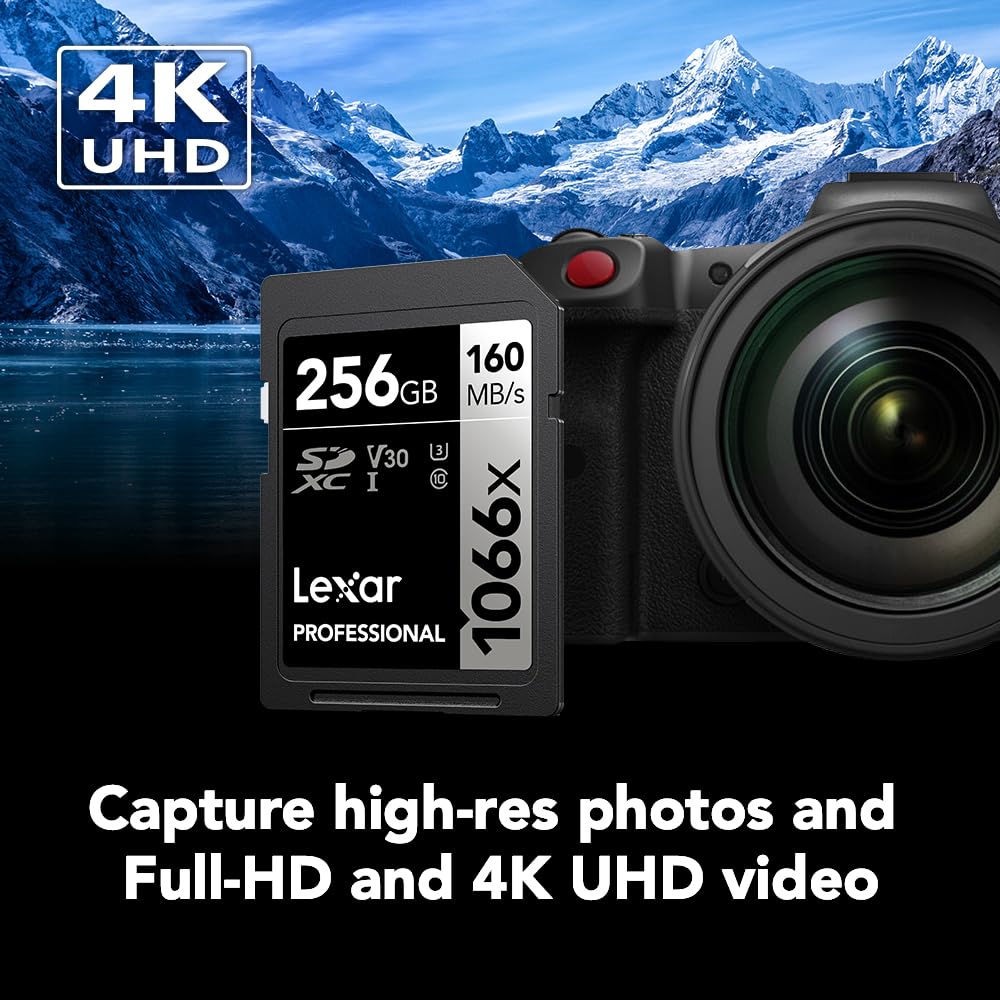 Lexar 256GB Professional 1066x SD Card, UHS-I, C10, U3, V30, Full HD, 4K, Up To 160MB/s Read SDXC Memory Card, for DSLR & Mirrorless Cameras (LSD1066256G-BNNNU)
