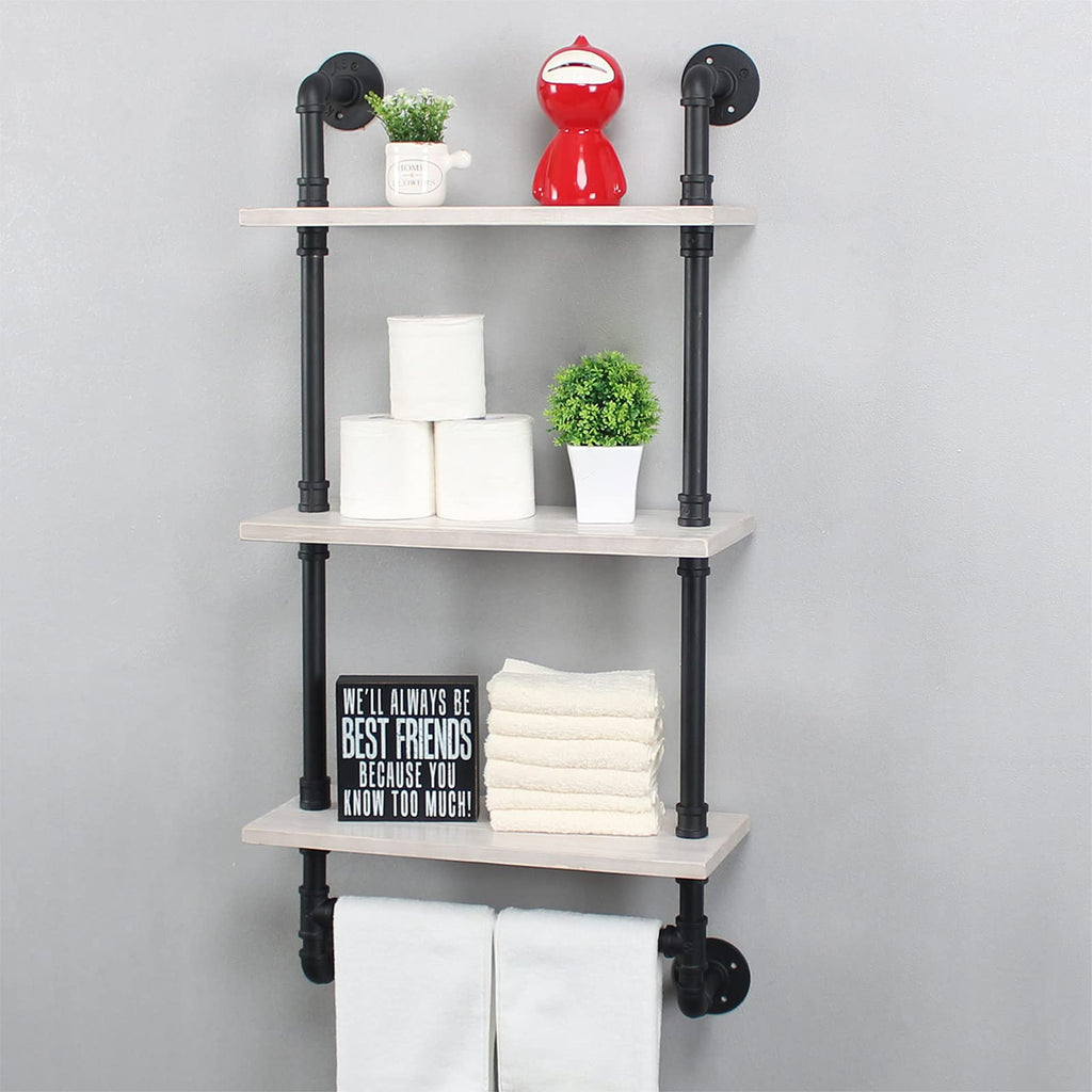 MBQQ Industrial Pipe Shelf Bathroom Shelves Wall Mounted,19.6in Rustic Wood Shelf with Towel Bar,1 Tier Farmhouse Towel Rack,Pipe Shelving Floating Shelves Towel Holder,Black & White