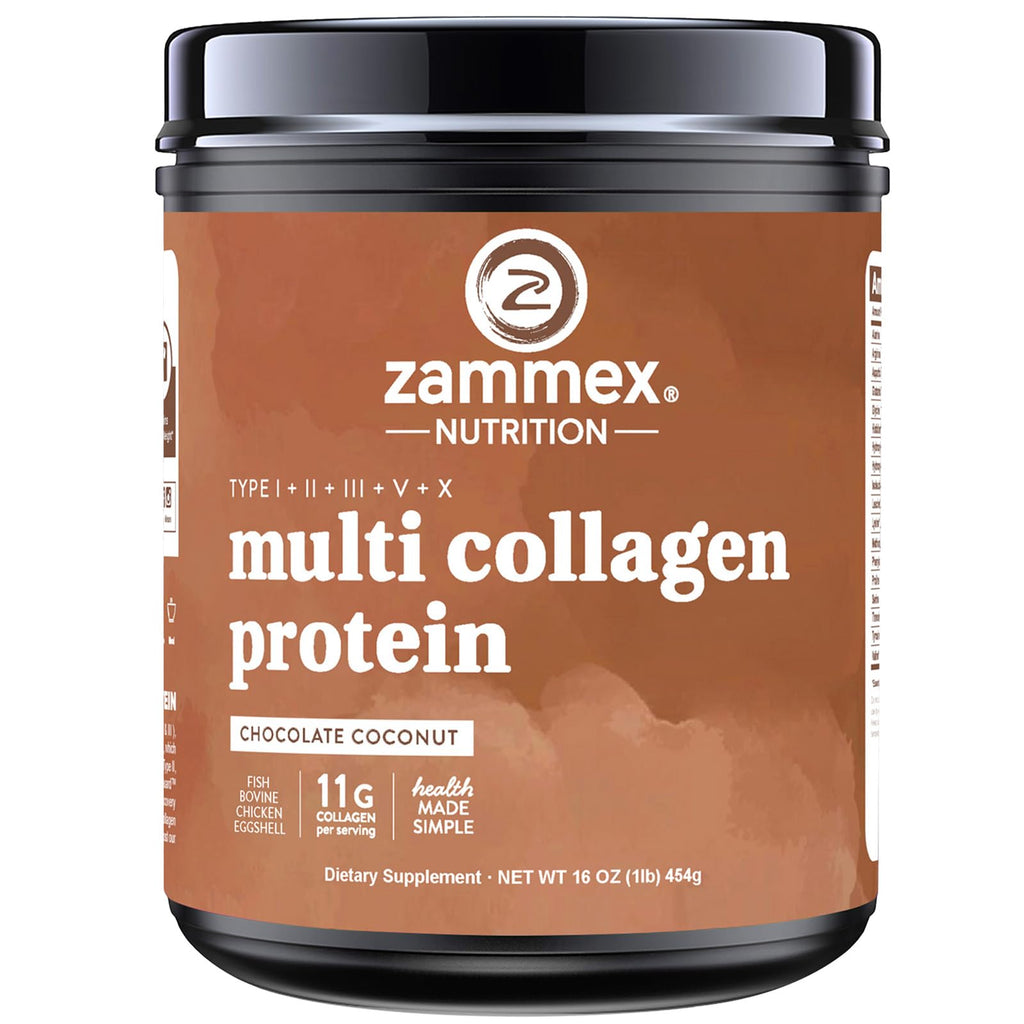 Zammex Multi Collagen Protein Powder, Type I & III & V & X, Hydrolyzed Collagen Peptides for Women & Men, Supports Hair and Skin, Gut Health, 41 Servings, Chocolate