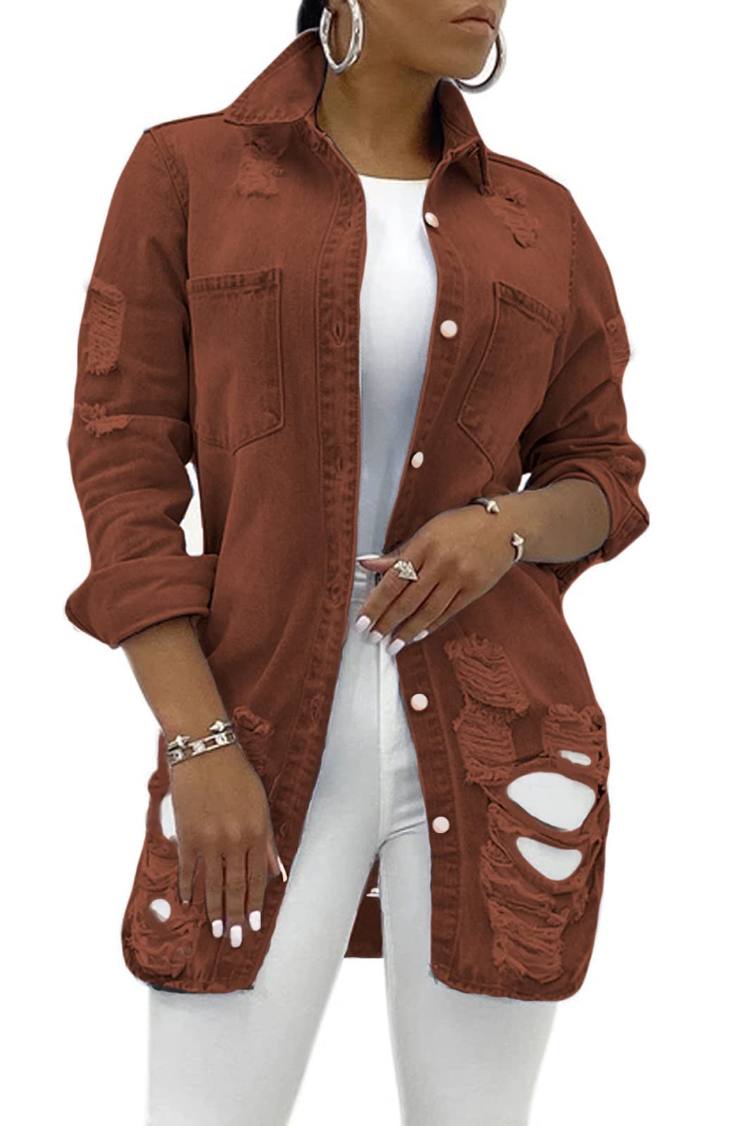 SeNight Women's Jean Jacket Long Sleeve Classic Distressed Fray Hem Tassels Denim Trucker Jackets