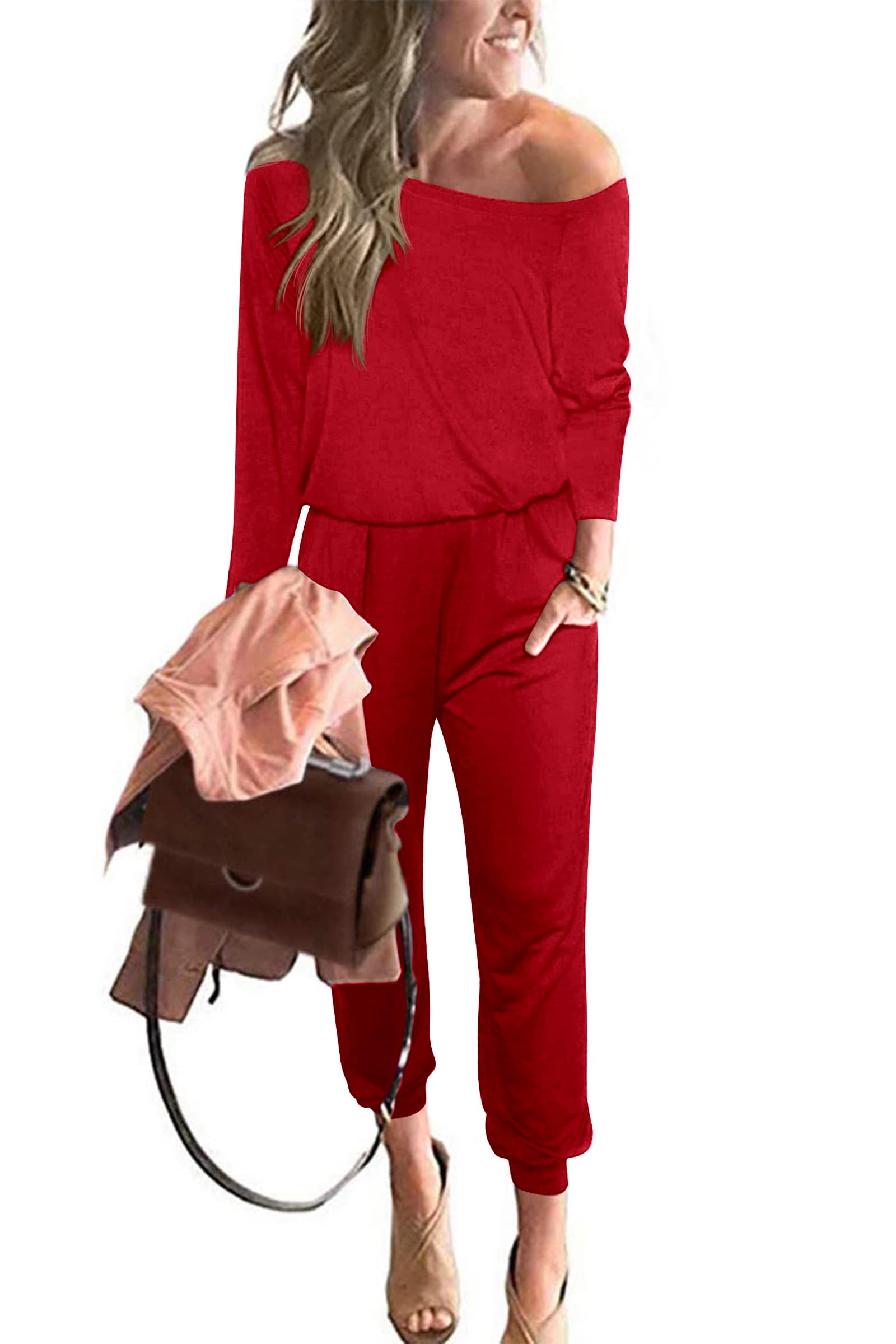 PRETTYGARDEN Jumpsuits for Women Casual 2026 Fall Long Sleeve Off Shoulder Rompers One Piece Travel Outfits Fashion Clothing