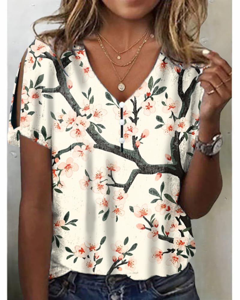 HOTYD Women's Boho Floral Print Ladies Short Sleeve Tops Summer Blouses Dressy Casual V Neck Cold Shoulder Tunic Tops