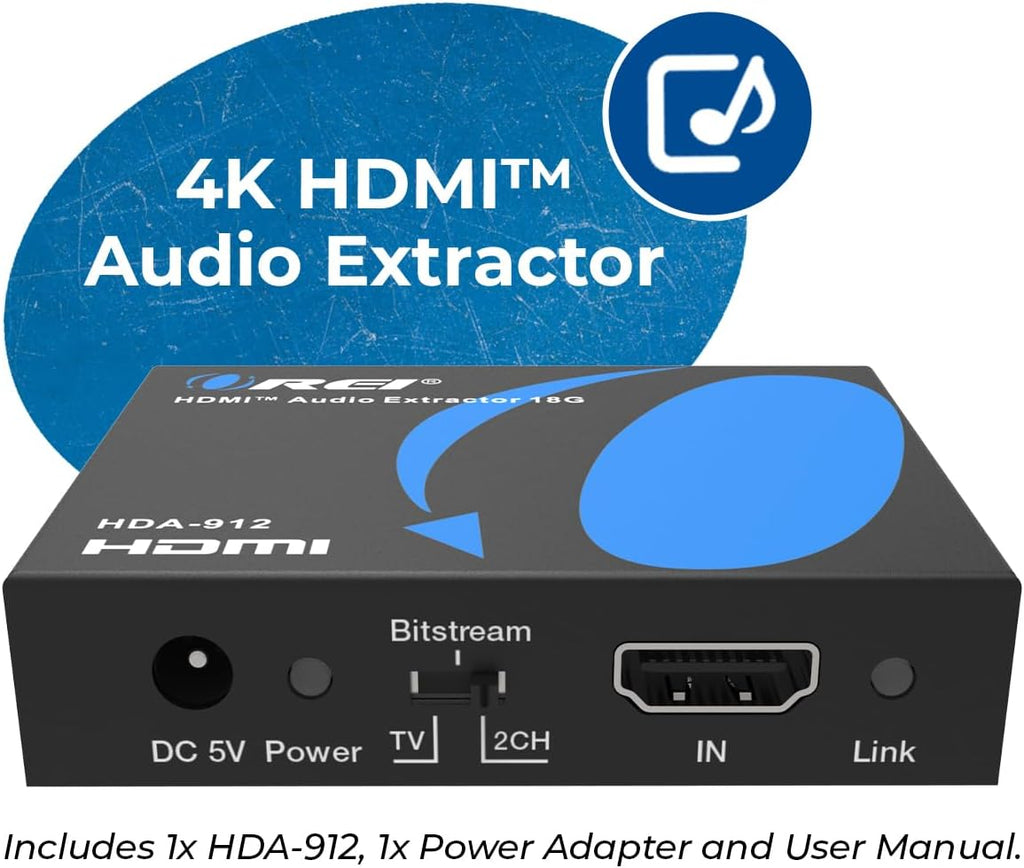 OREI 4K 60Hz 18G HDMI 2.0 Audio Converter Extractor - SPDIF + 3.5mm Output - HDCP 2.2 - Dolby Digital/DTS Passthrough CEC, HDR, Dolby Vision, HDR10 Support (HDA-912)