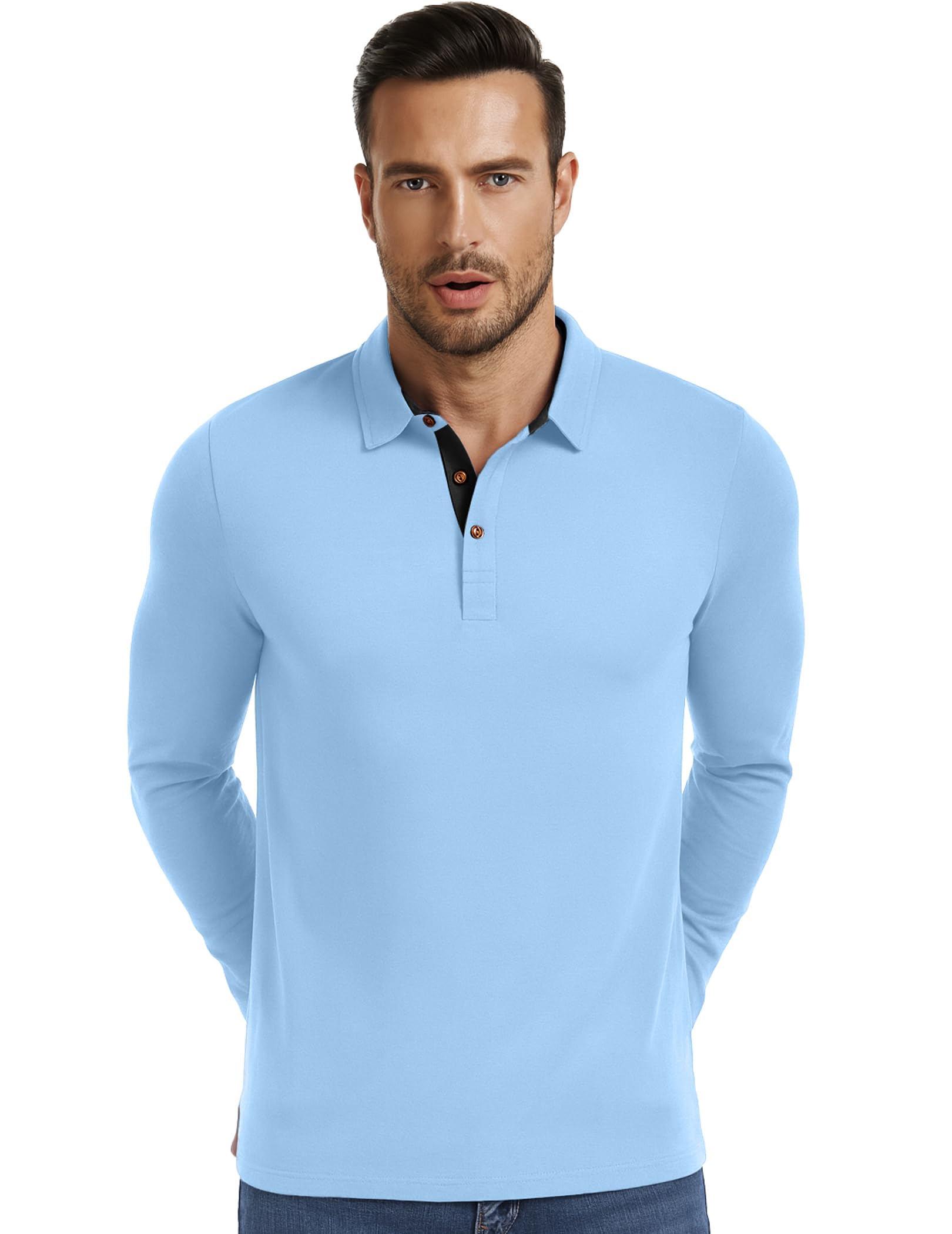 PEGENO Mens Polo Short/Long Sleeve Shirt Classic Button Basic Solid Color Designed Collared Polo Shirt Fashion Casual Shirts