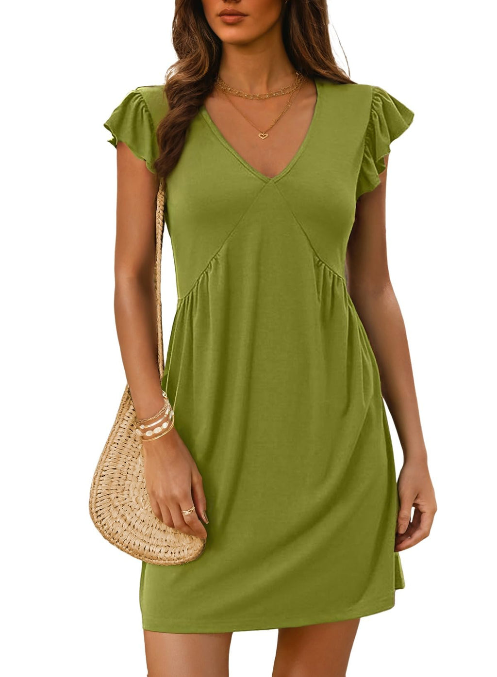 Dokotoo Women's Summer Dresses Beach 2026 Casual Deep V Neck Loose Sundress Ruffle Sleeve Mini Dress