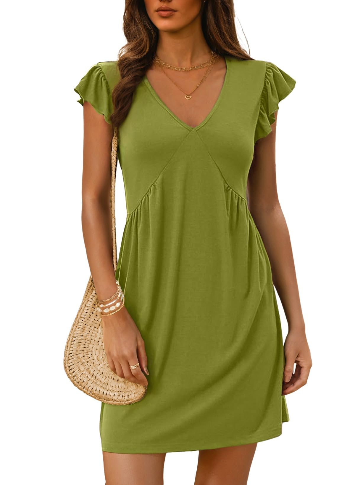 Dokotoo Women's Summer Dresses Beach 2026 Casual Deep V Neck Loose Sundress Ruffle Sleeve Mini Dress