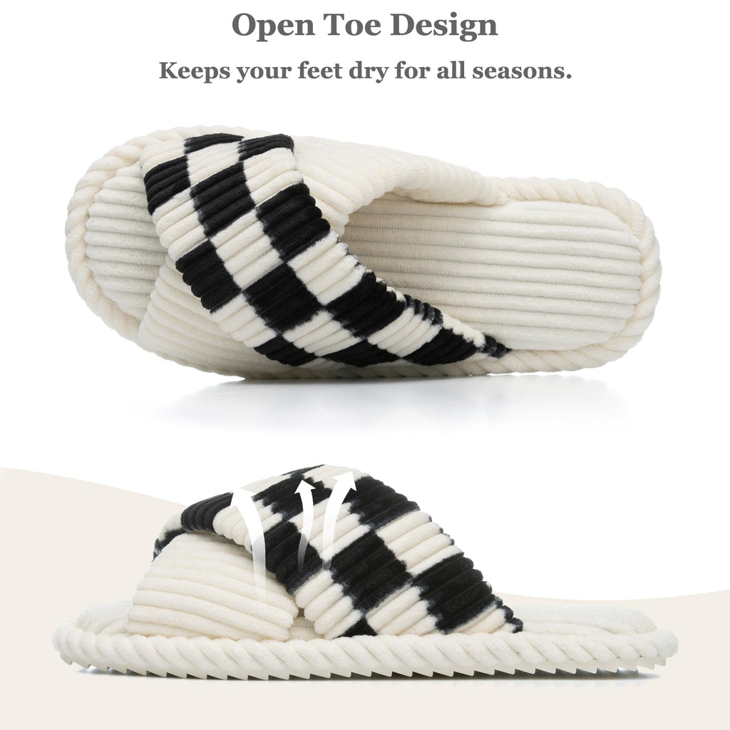 GOEWY Slippers for Women Memory Foam House Bedroom Corduroy Crossbands Open Toe Slides Sandals Shoes Comfy Trendy Gift for womens Anti-Skid sole