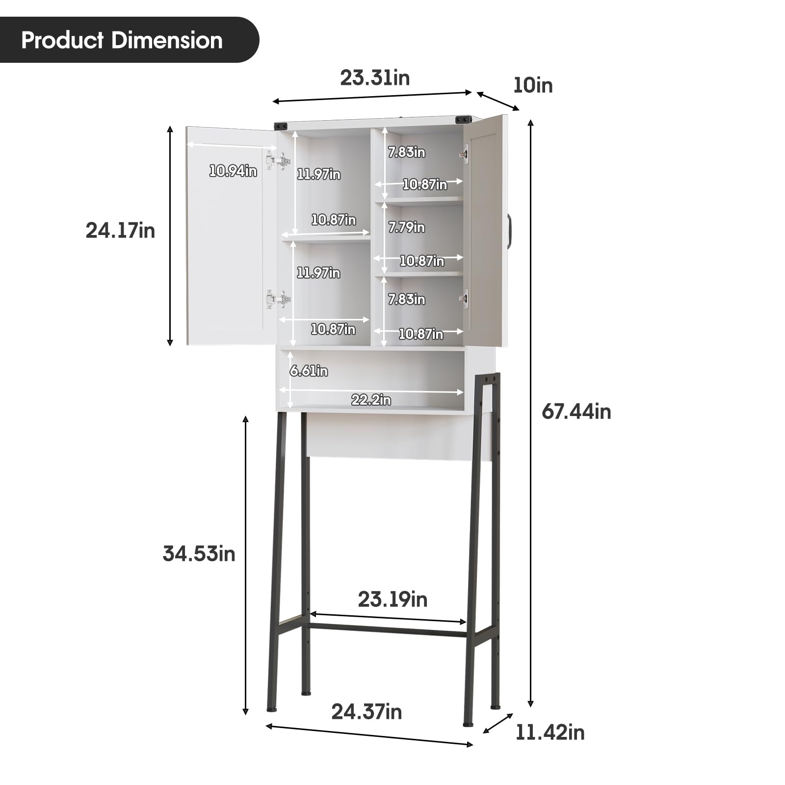 Vabches Over The Toilet Storage Cabinet with 2-Door Design Bathroom Organizers and Storage with Anti-Tip Device Over Toilet Organizer with Shelves for Bathroom,Restroom,Laundry Black