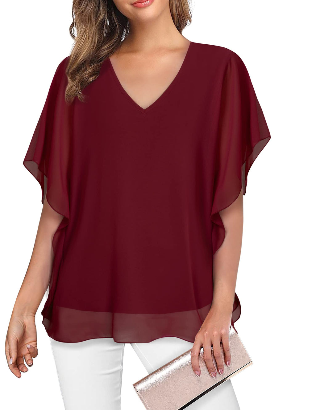 Lotusmile Women's Loose Flouncing Flutter Sleeve Double-Layered Shirt Chiffon Elegant Dressy Blouse Work Tops