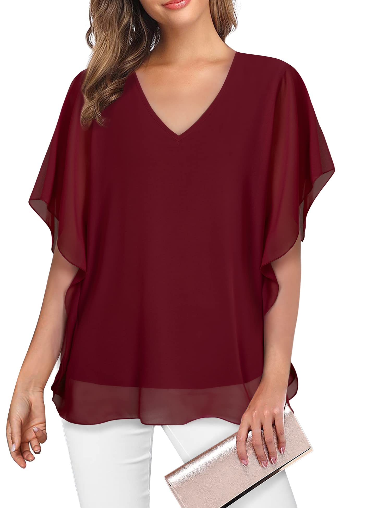 Lotusmile Women's Loose Flouncing Flutter Sleeve Double-Layered Shirt Chiffon Elegant Dressy Blouse Work Tops
