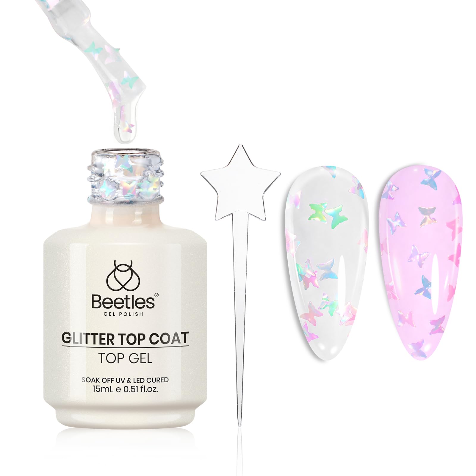 Beetles Heart Gel Top Coat 15ml - Hema Free Glitter Shine No Wipe Top Coat Long-Lasting for Gel Polish, Pink Heart Sparkle Soak Off UV LED Gift for Women