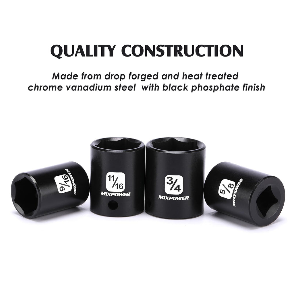 MIXPOWER 12 Pieces 3/8-Inch Drive Shallow Impact Socket Set, 5/16 to 1 inch, CR-V, SAE, 6 Point, Shallow, 12 Pieces 3/8" Dr. Socket