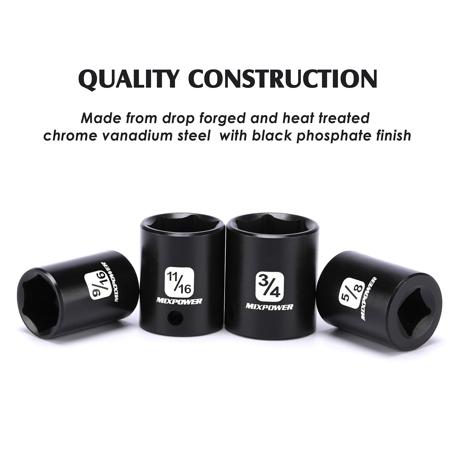 MIXPOWER 12 Pieces 3/8-Inch Drive Shallow Impact Socket Set, 5/16 to 1 inch, CR-V, SAE, 6 Point, Shallow, 12 Pieces 3/8" Dr. Socket