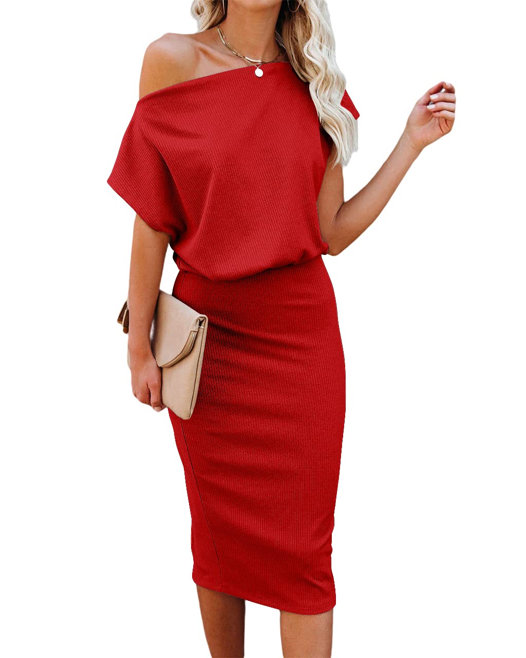 EZBELLE Women's Summer Dress Off The Shoulder Short Sleeve Ribbed Casual Party Bodycon Midi Dresses