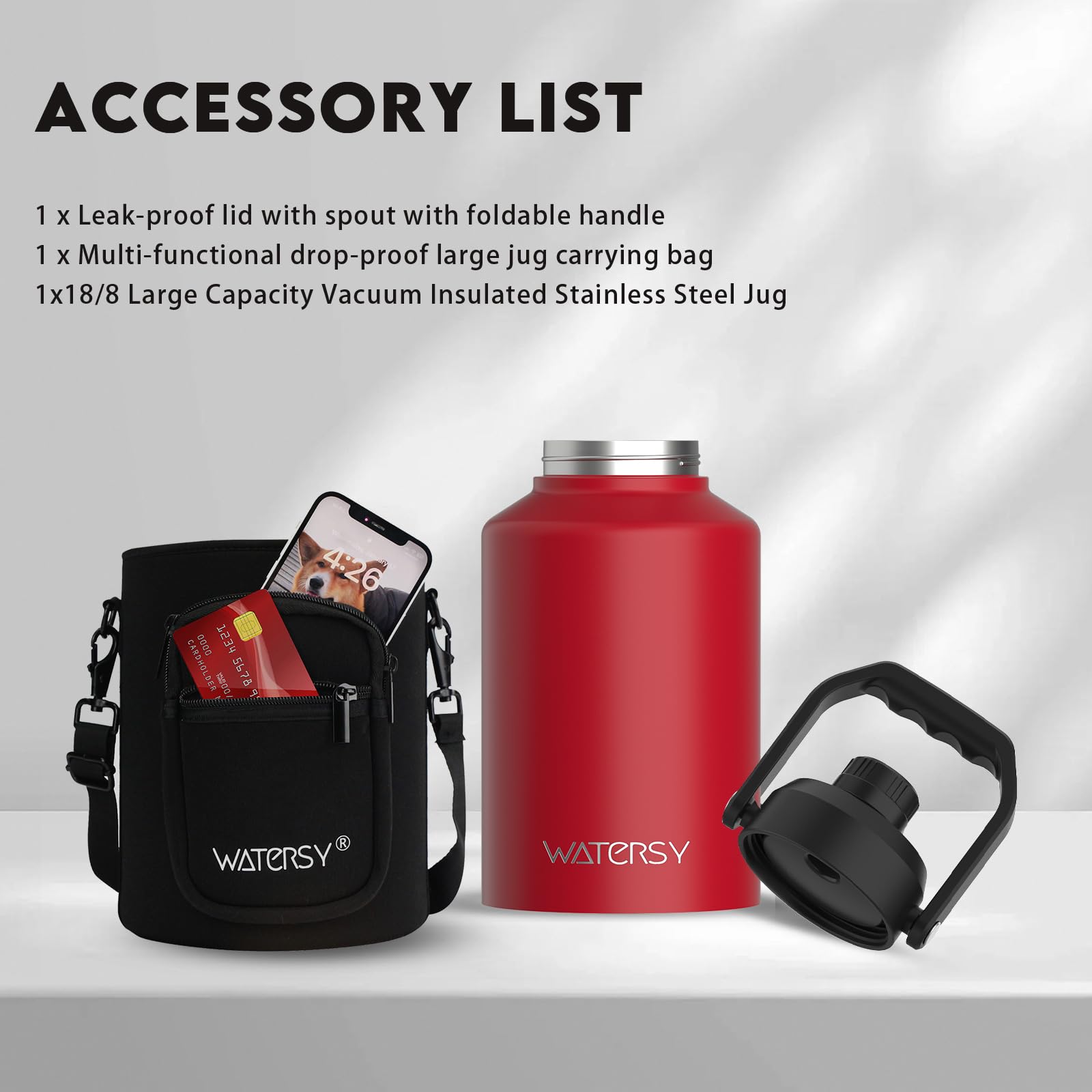 WATERSY Half Gallon Water Bottle Insulated(Cold for 48 Hrs),BPA Free&Leak Proof,64oz Stainless Steel Water Jug/Flask,Big thermo,Large Water Bottle with Handle for Gym,Hiking,Camping,Black