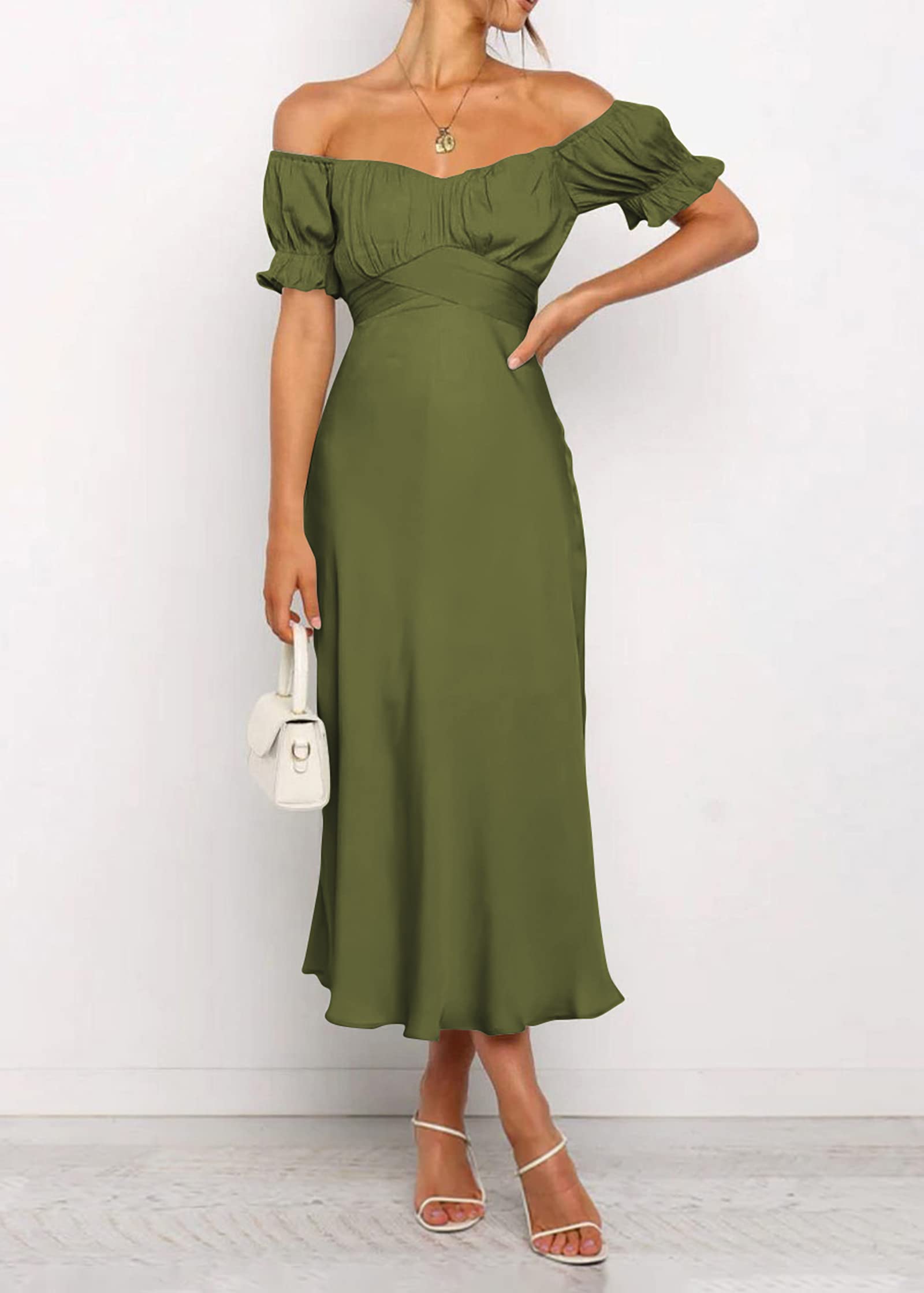 KIRUNDO Women's 2026 Spring Summer Satin Wedding Guest Midi Dress Off The Shoulder Wrap Party Cocktail Formal Prom Dresses