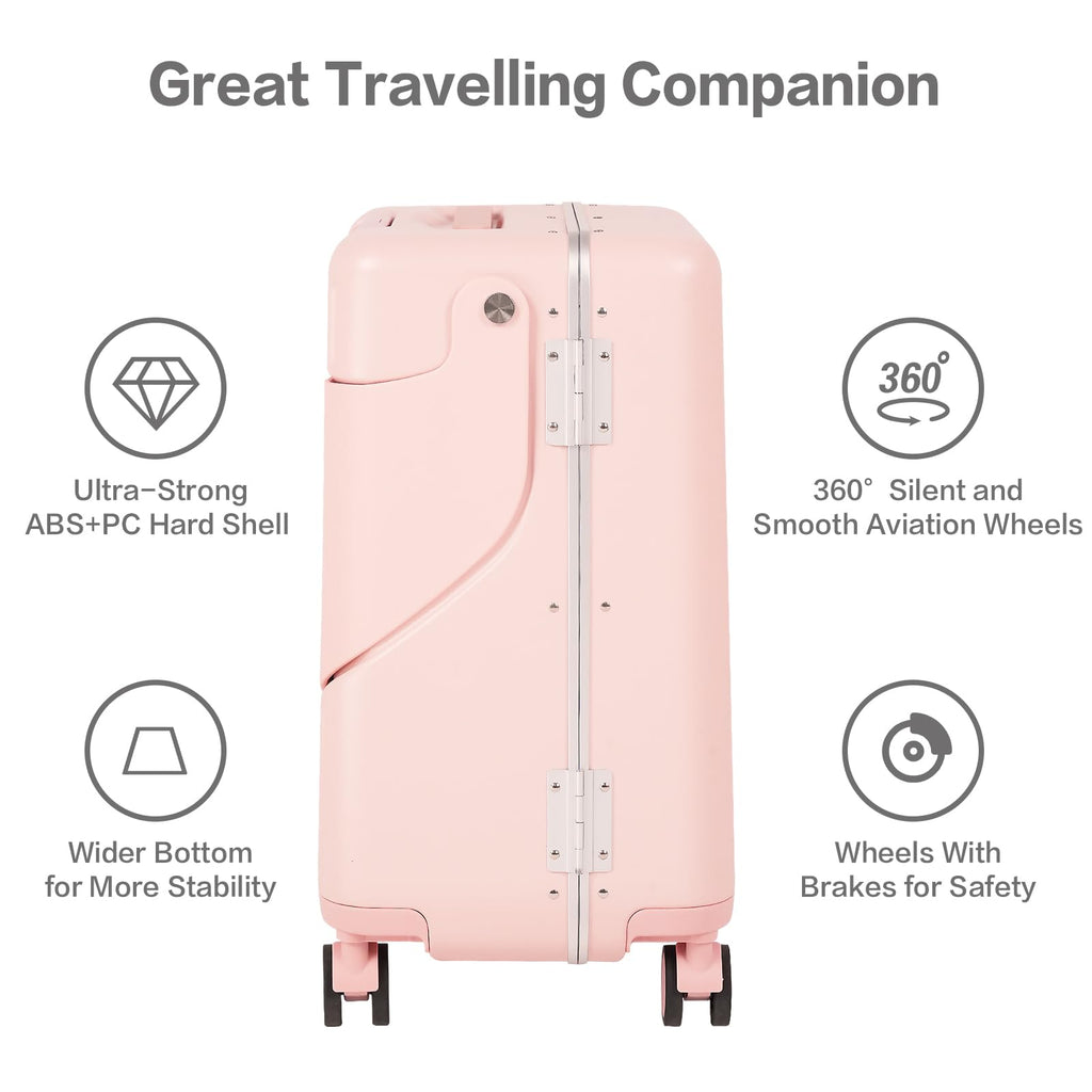 smilesun 20" Carry On Luggage with Seat For Kids & Adults，Hardside Ride On Suitcase Front Opening with 360°Spinner and TSA Lock For Travel (Black with Front Open, 20")