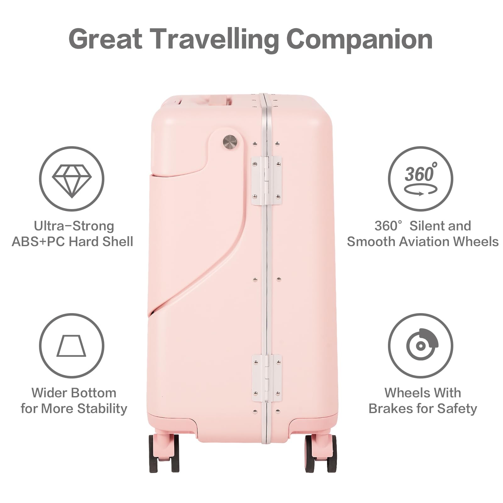 smilesun 20" Carry On Luggage with Seat For Kids & Adults，Hardside Ride On Suitcase Front Opening with 360°Spinner and TSA Lock For Travel (Black with Front Open, 20")