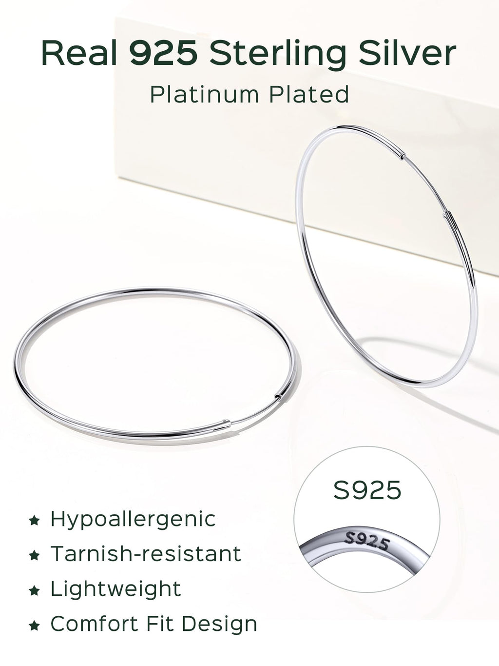 ChicSilver 925 Sterling Silver Hoop Earrings for Women Hypoallergenic, Lightweight Large Gold Plated Silver Hoop Earrings, Endless Hoops Earring 20/30/40/50/60/70MM