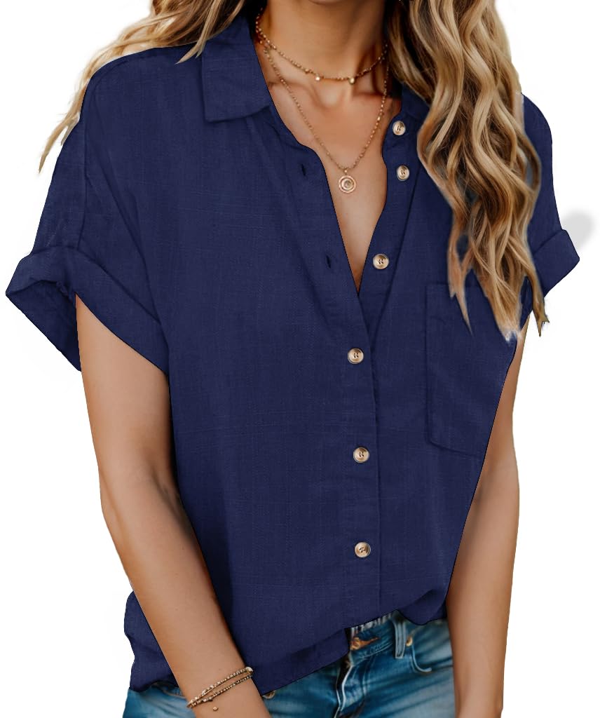 HOTOUCH Linen Shirts for Women Button Down Short Sleeve Tops Cotton Blouses Collared Button-up Beach Vacation Outfits
