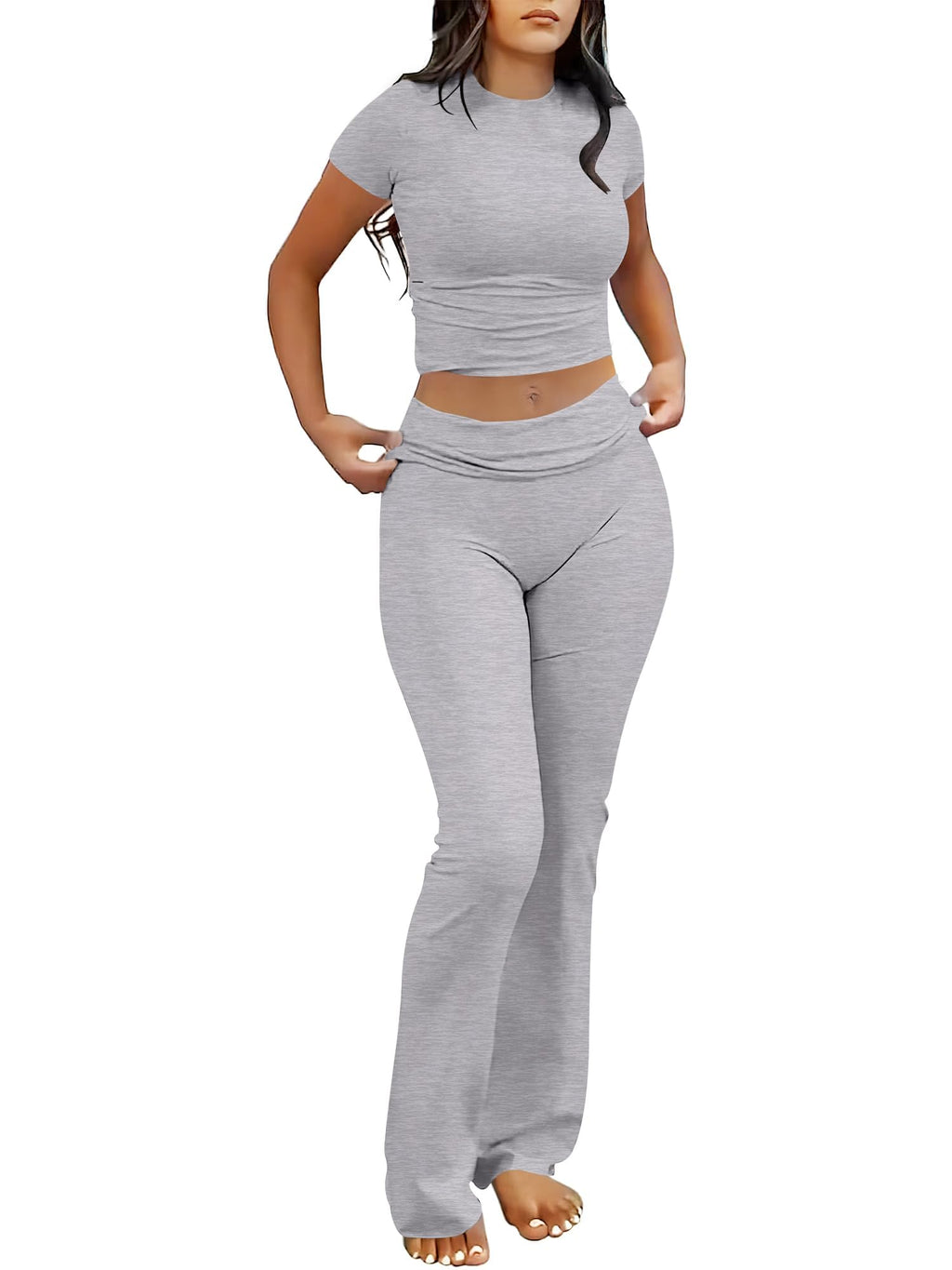 ANRABESS 2 Piece Lounge sets for Women | Soft Comfy Stretchy, Crop Top & Foldover Flare Leggings, Yoga Workout Matching Outfits, Trendy Y2k, Summer Wear Fall Layer