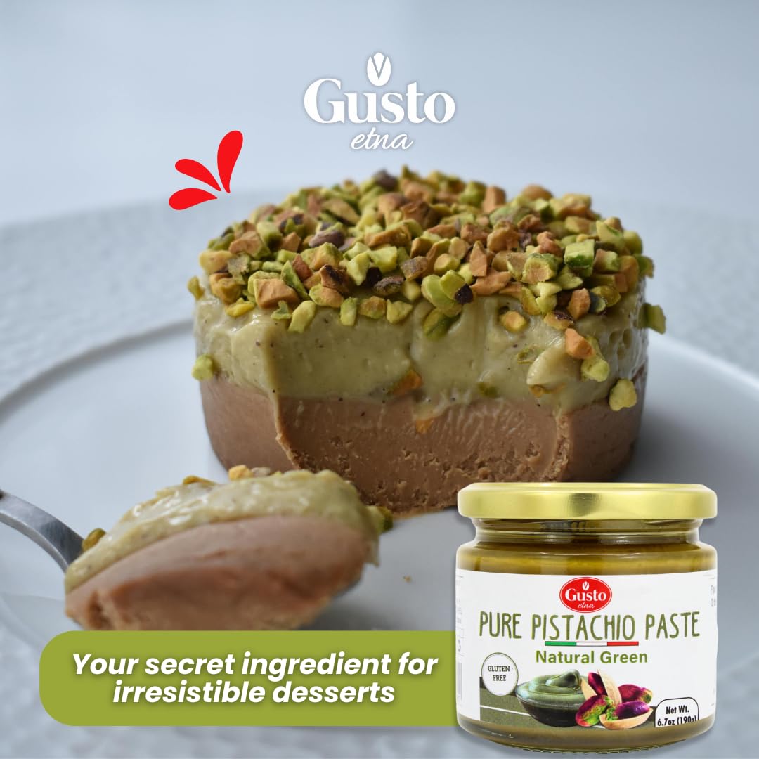GUSTO ETNA Pure Sicilian Pistachio Paste 100% Pistachios, Unsweetend 6.7 oz | No Added Sugar or Artificial Colors, Butter Spread for Keto, Gelato, Fillings, with Natural Green Color, Product of Italy.