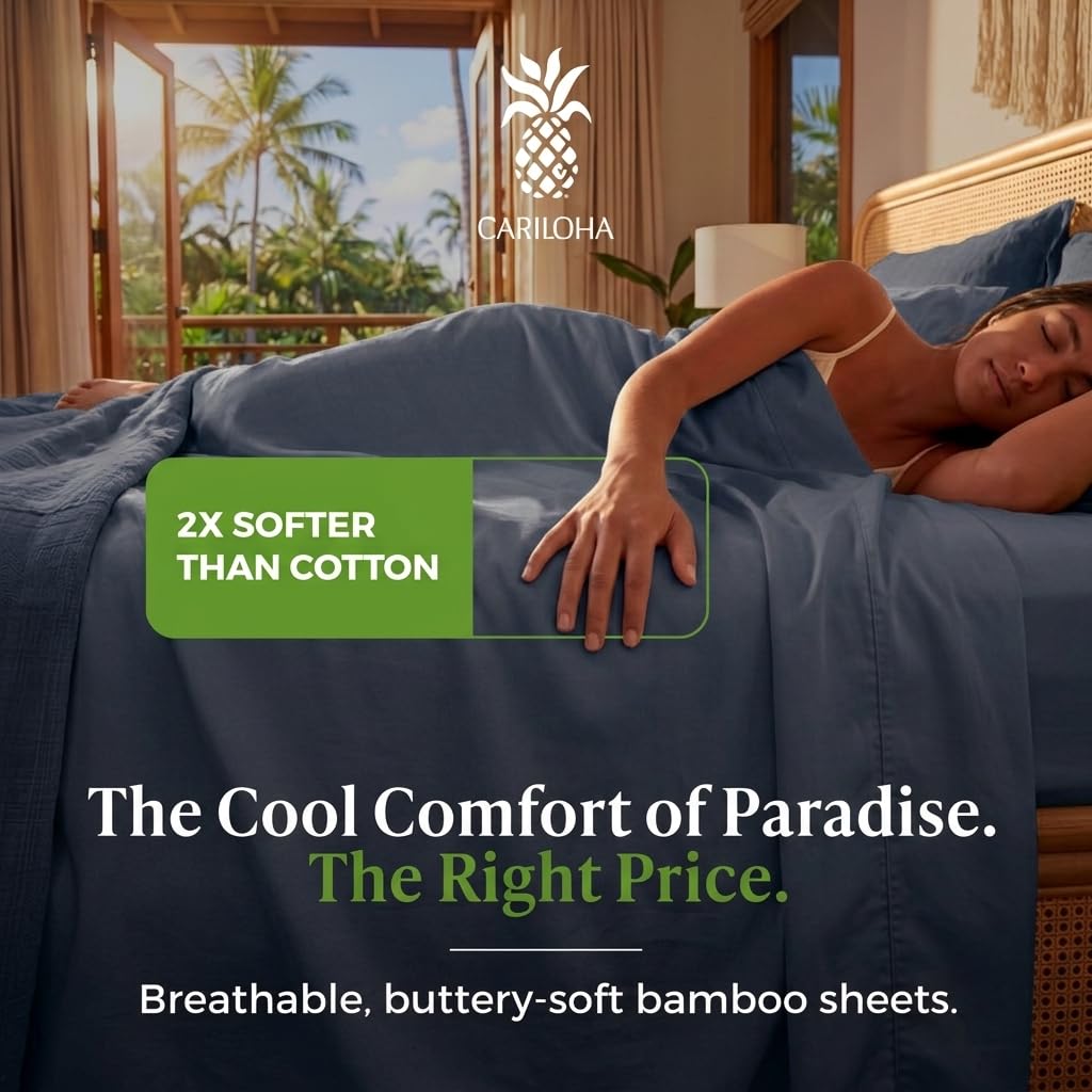 Cariloha Aloha Soft 100% Organic Bamboo Viscose Sheets – 4-Piece Queen Sheet Set – 16 in Deep Pockets – Buttery Soft, Hypoallergenic, Cooling Sheets – Oeko-TEX Standard 100 – Cape Blue