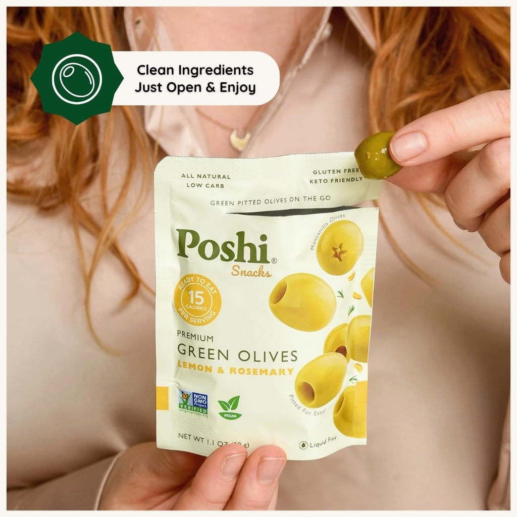 POSHI Green Pitted Olives - Basil & Garlic | Vegan, Kosher, Gluten Free + Keto Friendly, Fresh, Low Calorie Healthy Snacks | (30 Pack, 1.1oz Bags)