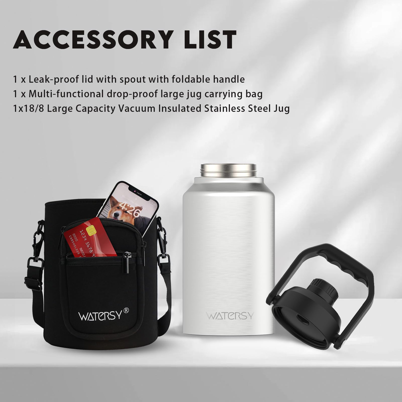 WATERSY Half Gallon Water Bottle Insulated(Cold for 48 Hrs),BPA Free&Leak Proof,64oz Stainless Steel Water Jug/Flask,Big thermo,Large Water Bottle with Handle for Gym,Hiking,Camping,Black