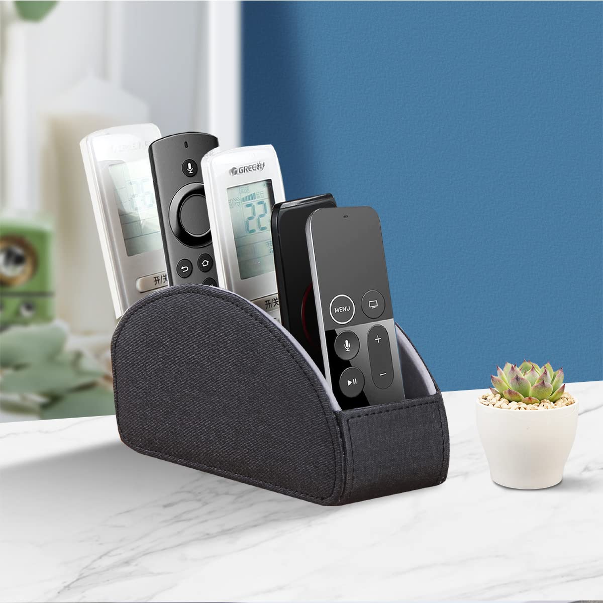 YAPISHI All-in-One Leather Brown TV Remote Holder with 5 Compartments Nightstand Desktop Media Player Remote Caddy Storage Box Organizer Tray for Mobile Office Phone Controller