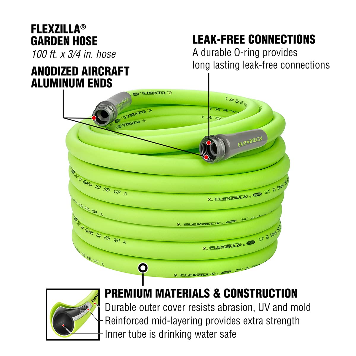 Flexzilla Garden Hose 3/4 in. x 50 ft., Lightweight All-Weather Water Hose, Durable and Flexible, Leak-Free Connections
