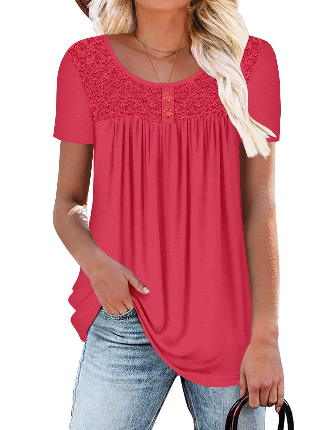 Mystry Zone Womens Henley V Neck Casual Blouse Button Down T Shirts Flare and Flowy Tops