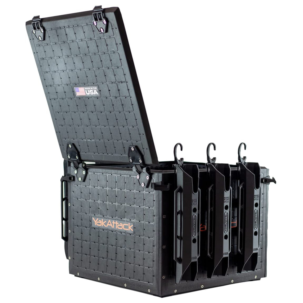 YakAttack BlackPak Pro 13" x 13" Fishing Crate with 3 Rod Holders - Battleship Grey | Compact Tackle Storage Box & Gear Organizer for Kayaks | Lightweight, Durable & Customizable Marine Accessory